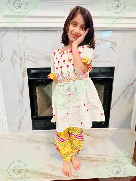 White And Yellow Girls Ethnic Wear