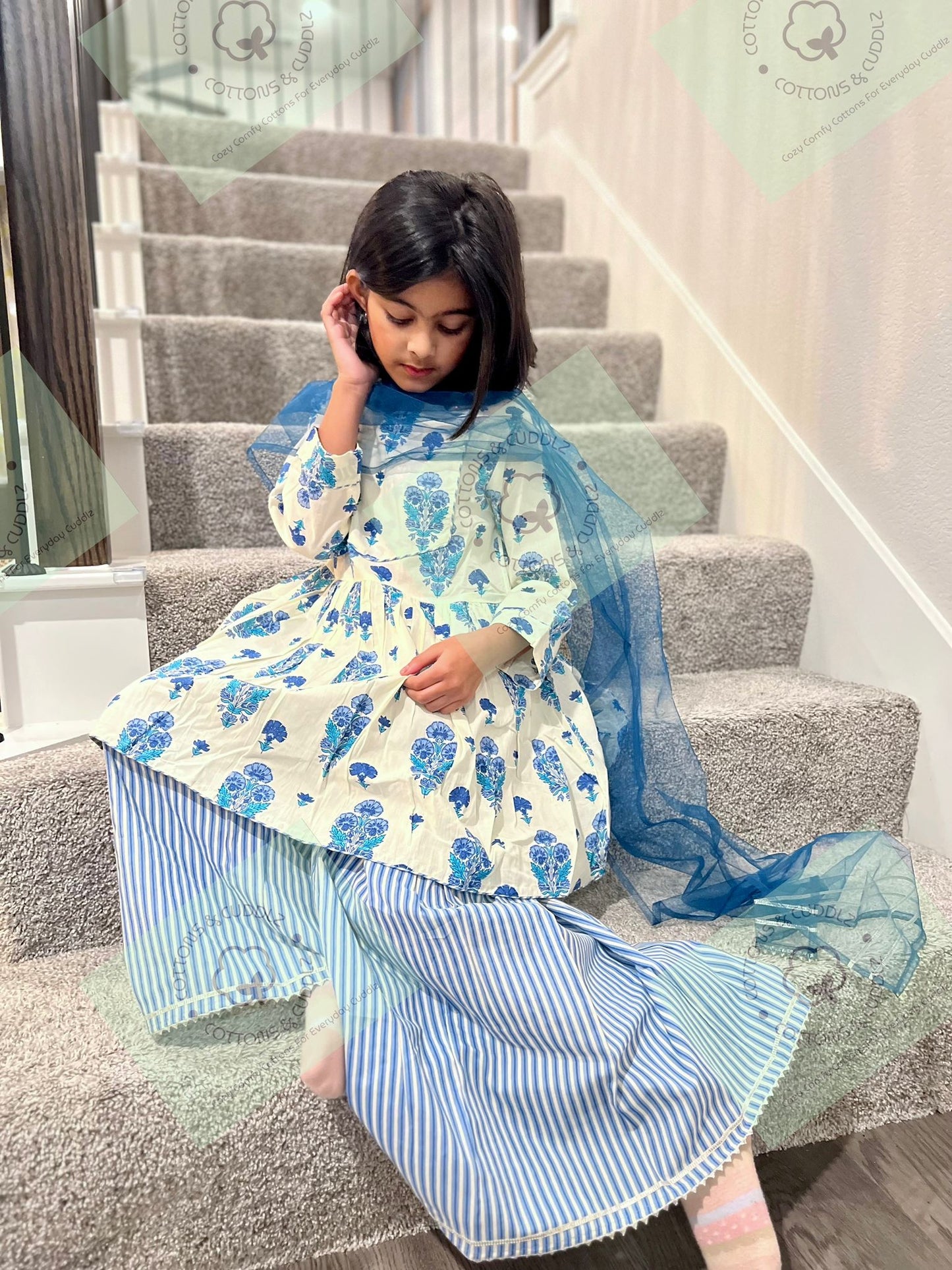 White and Blue Kids 3 Piece Ethnic wear