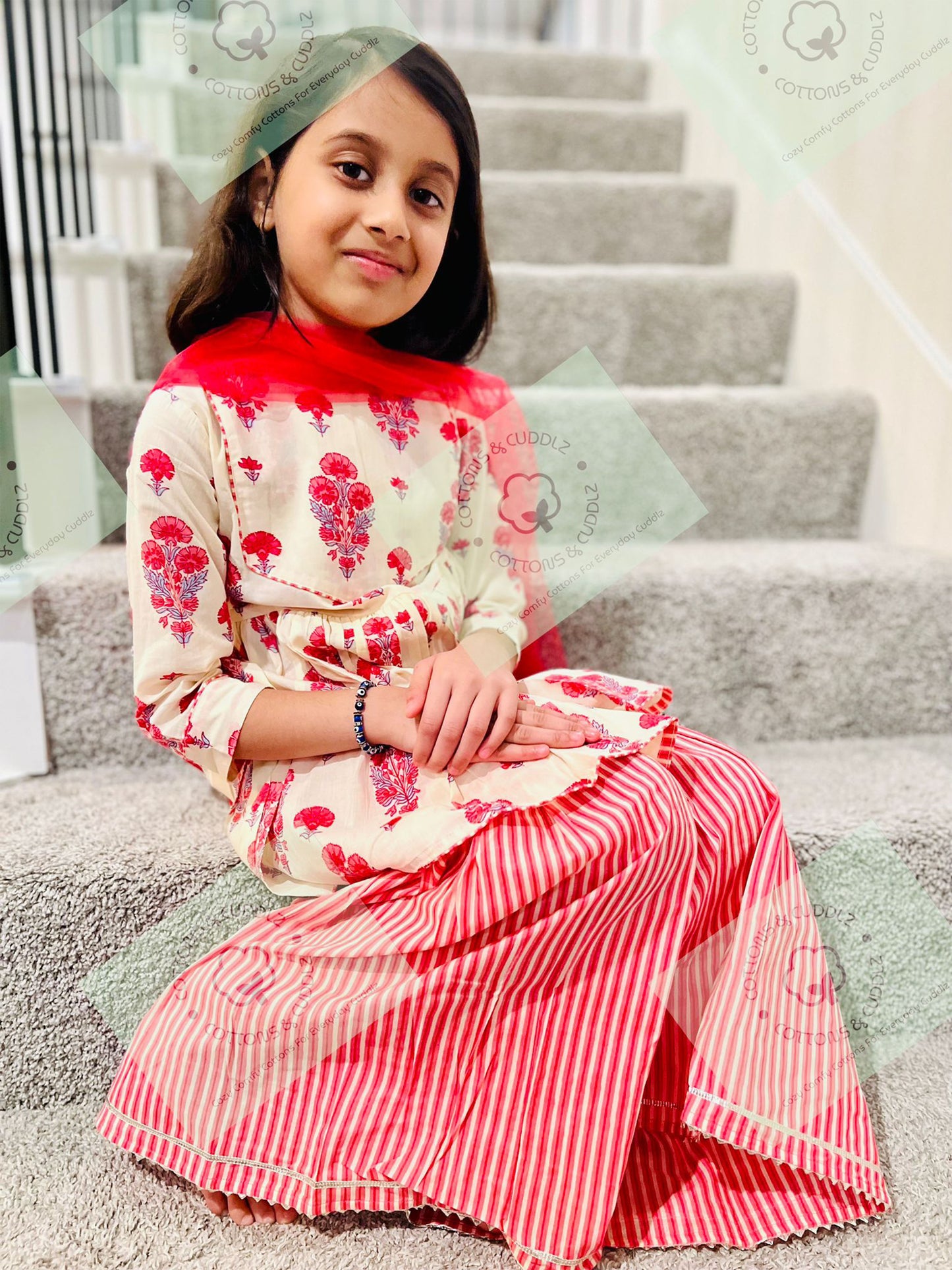 White And Pink Girls Ethnic Wear