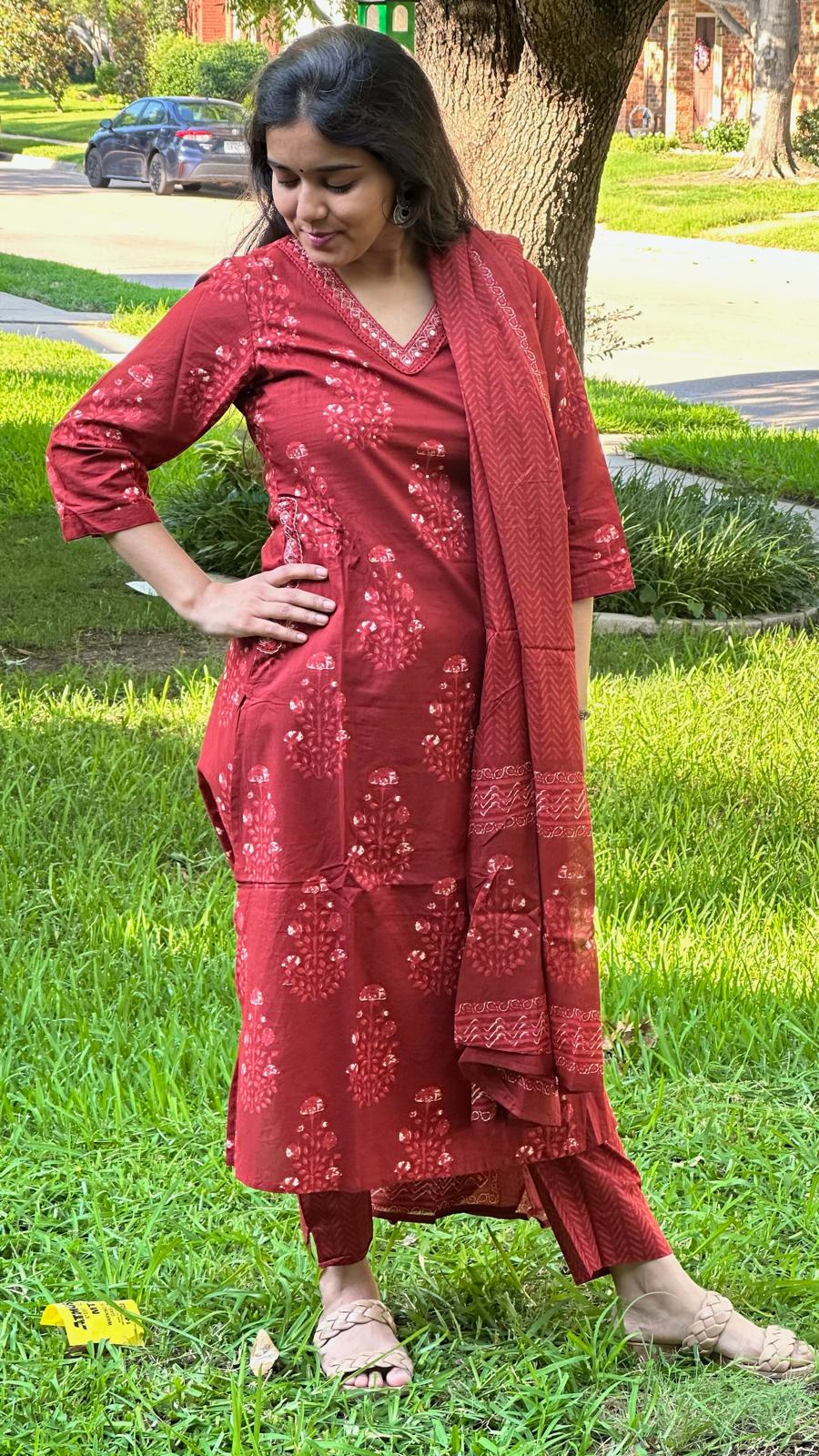 Red Flower Print Women 3 Piece Suit