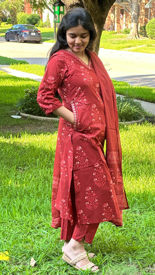 Red Flower Print Women 3 Piece Suit
