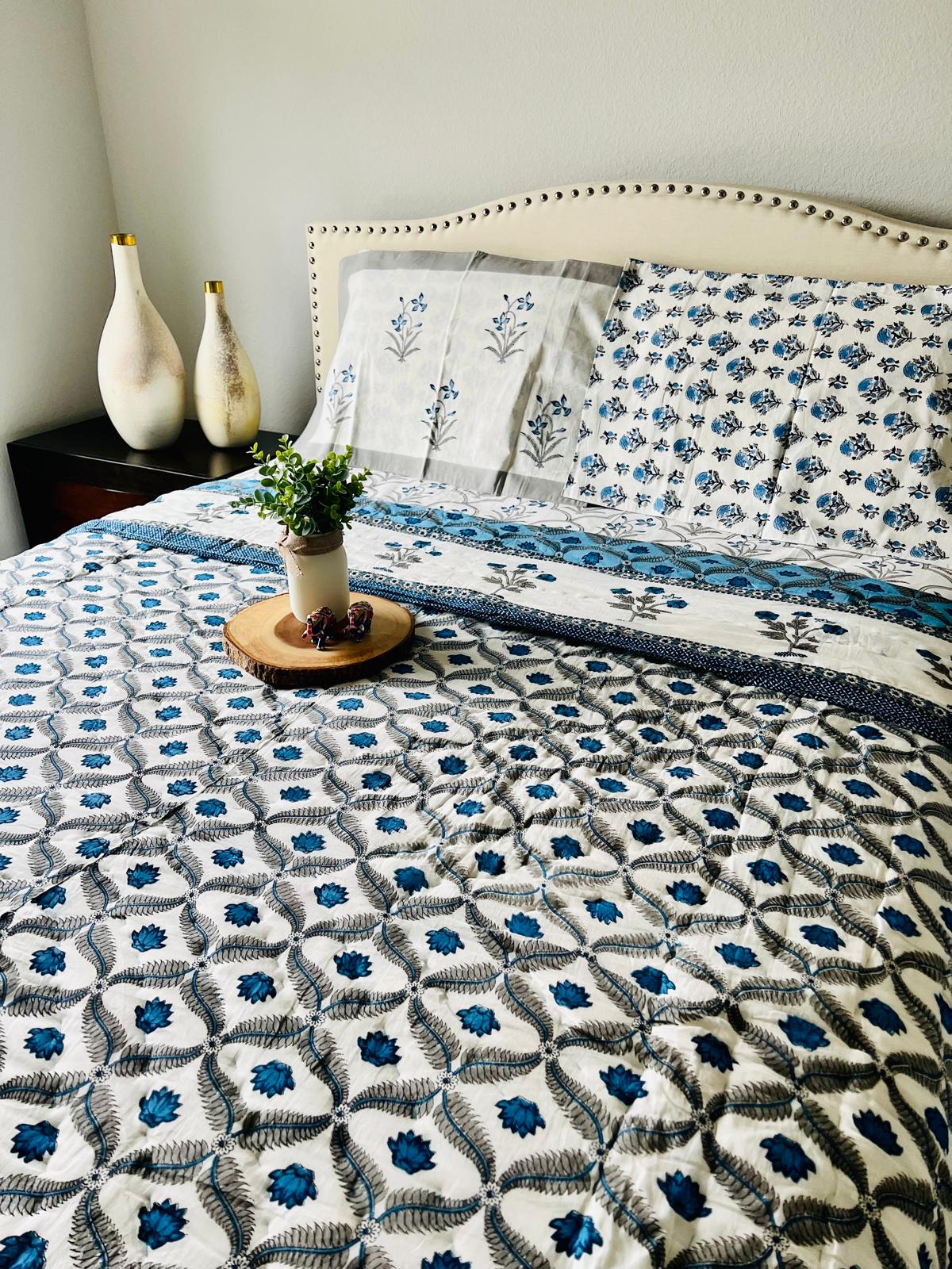 Blue Flower print King Quilt