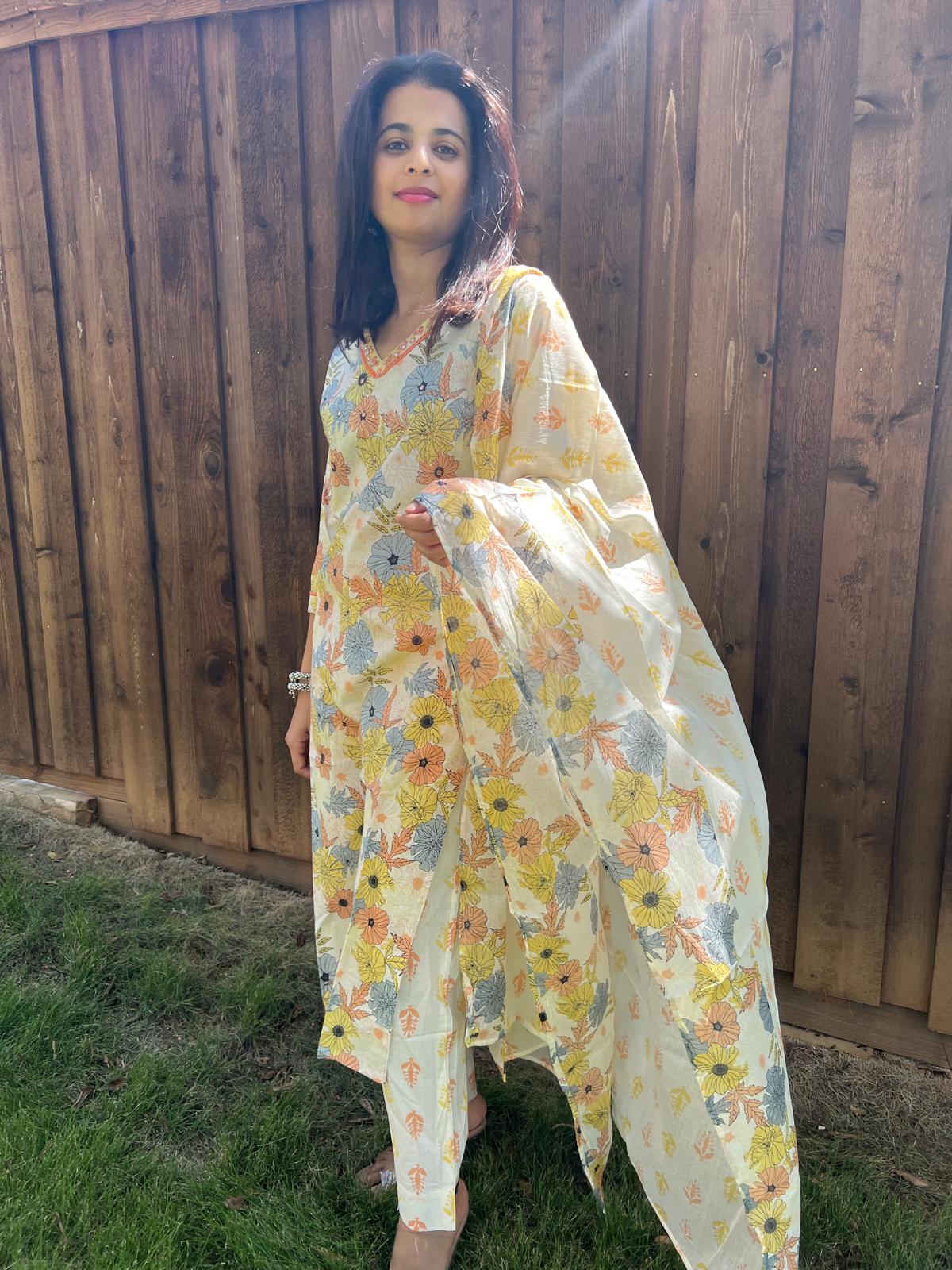 Beige Flower Chudi Set