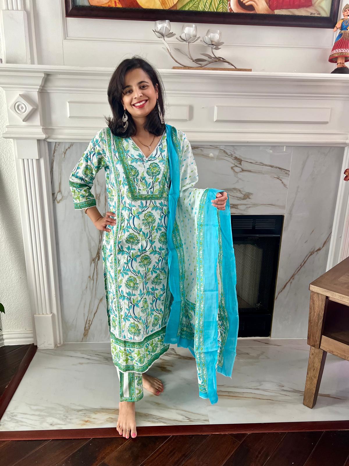 Bluish Green Floral Chudi Set
