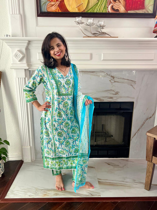 Bluish Green Floral Chudi Set