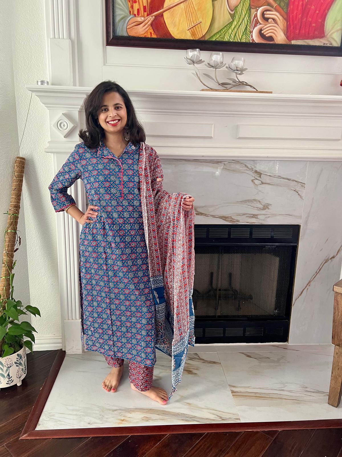 Blue Red Pattern Chudi Set