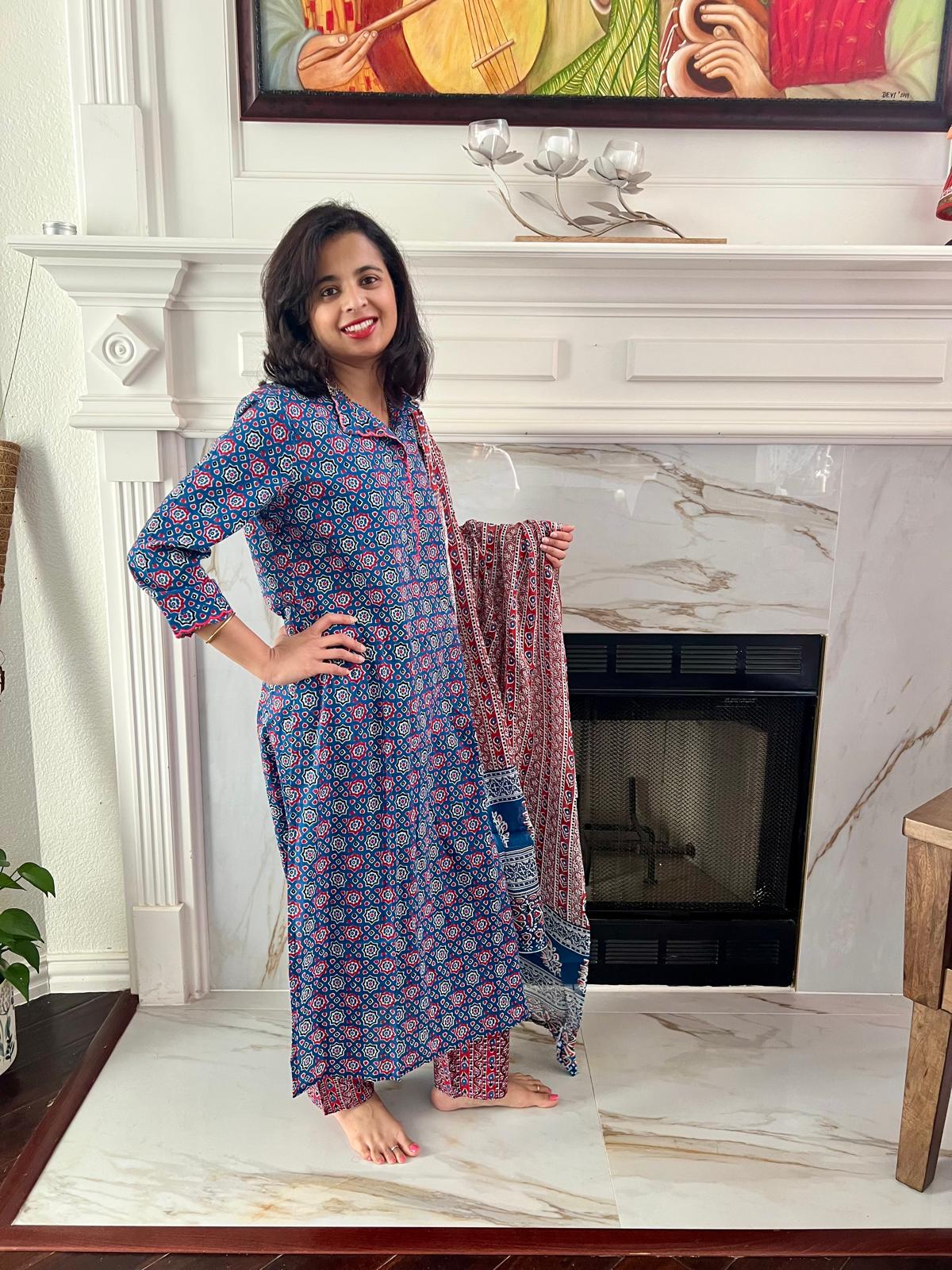 Blue Red Pattern Chudi Set