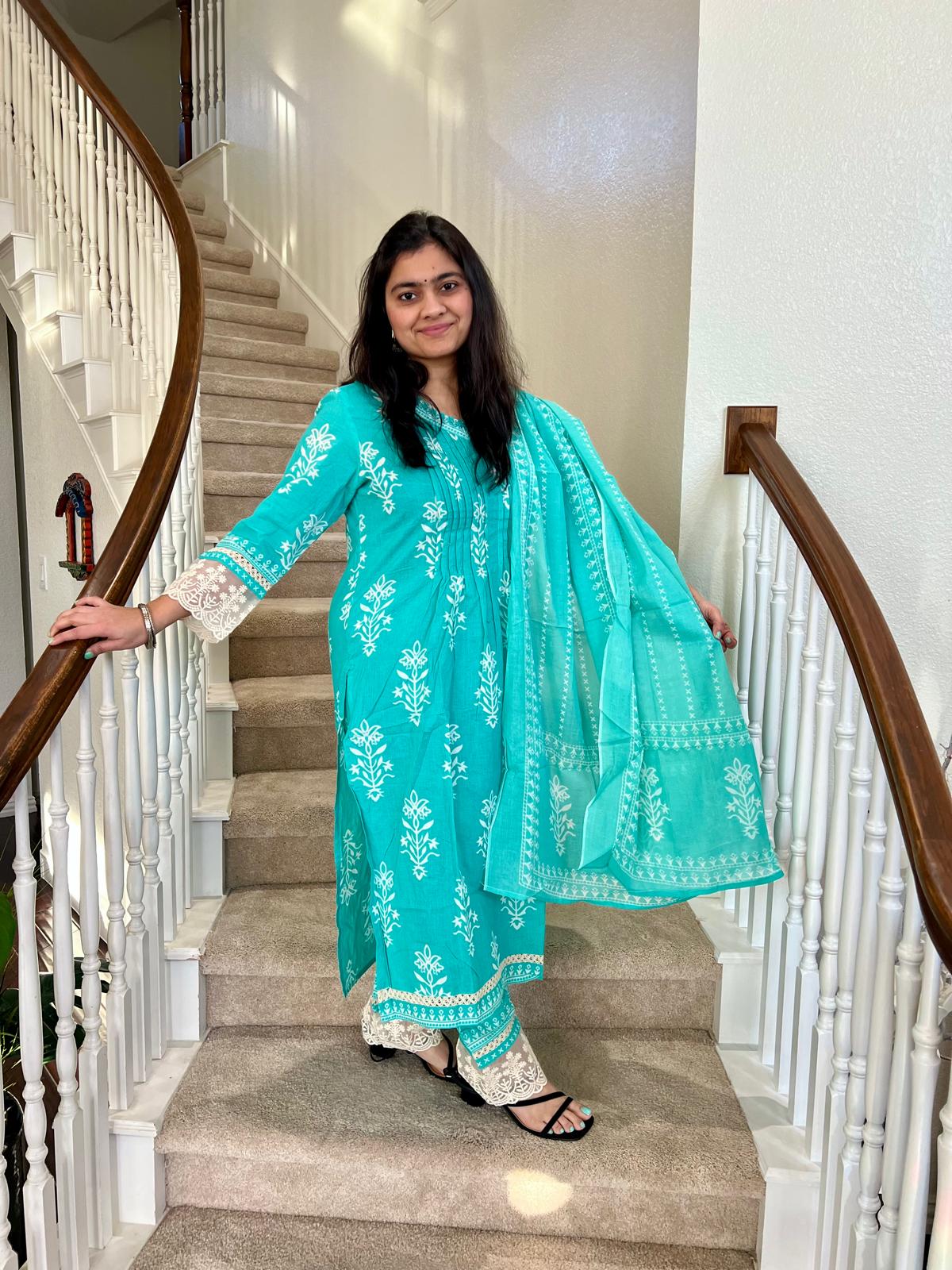 Blue Green Lace Women 3 Piece Suit