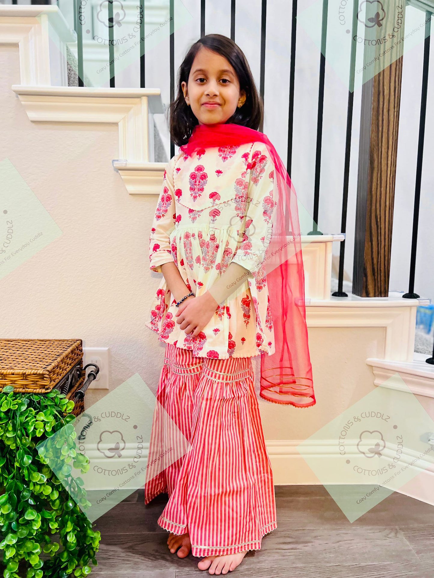 White And Pink Girls Ethnic Wear